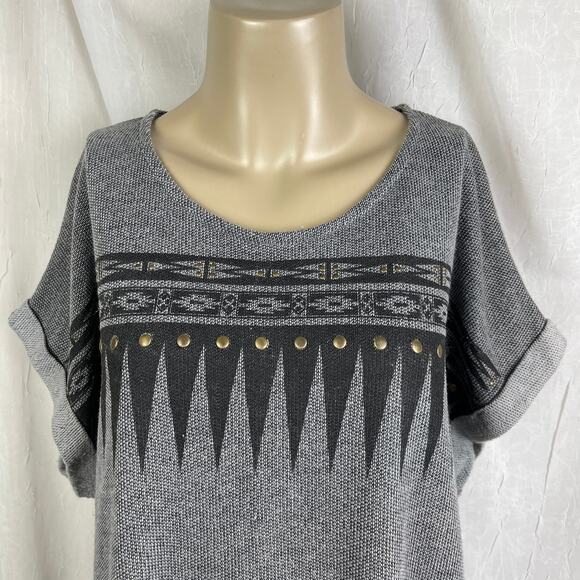 Forever 21 Grey Black Studded Short Sleeve Fringe Top Southwestern Oversized SM - Picture 2 of 16